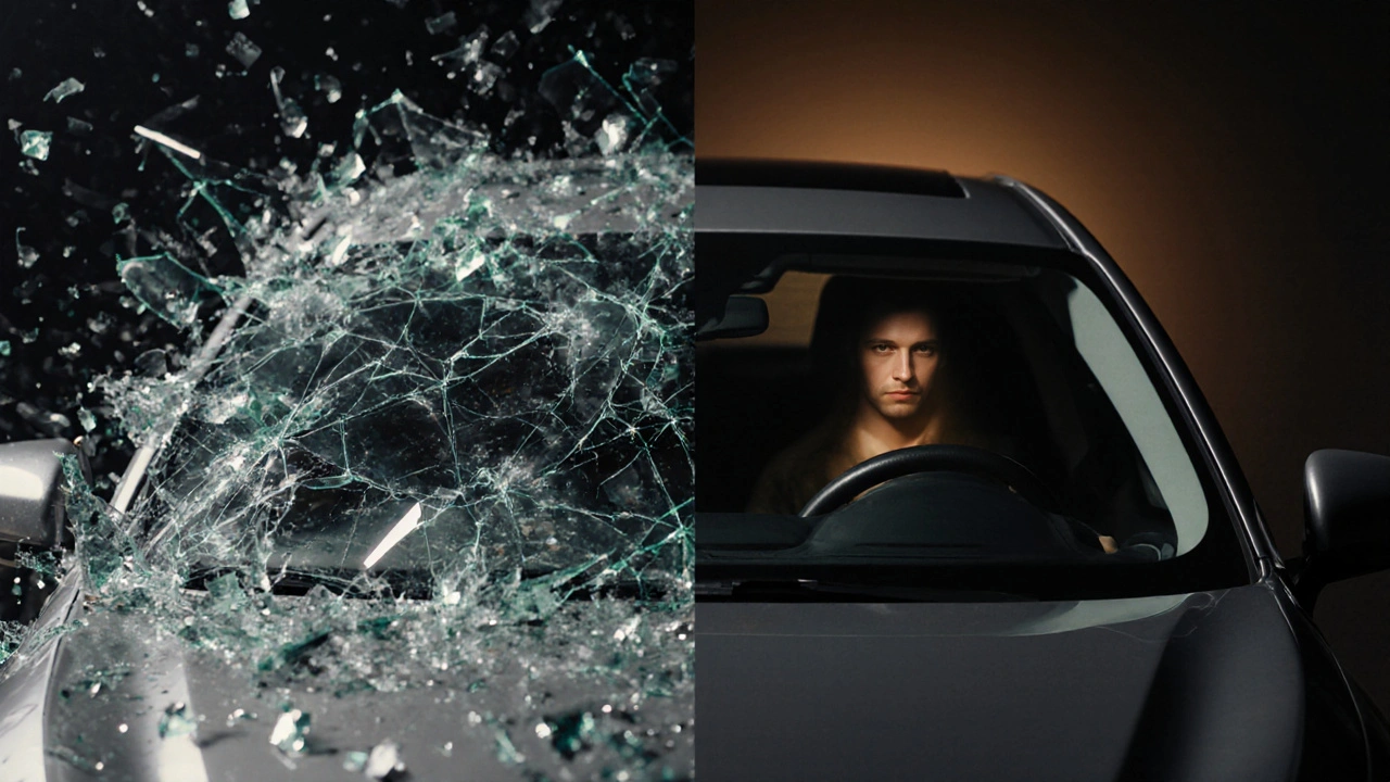 Porovnání rozbitého dvojskla a celistvého trojskla při nárazu.