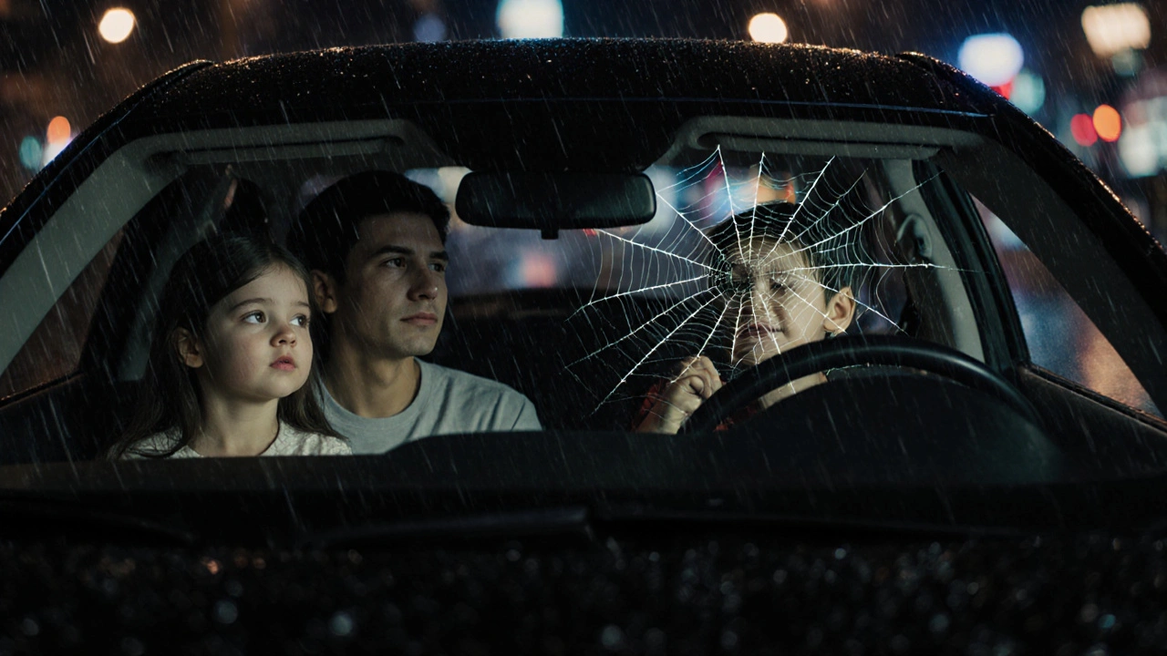 Rodina v autě při dešti, kámen narazil do trojskla, ale sklo zůstalo celé.