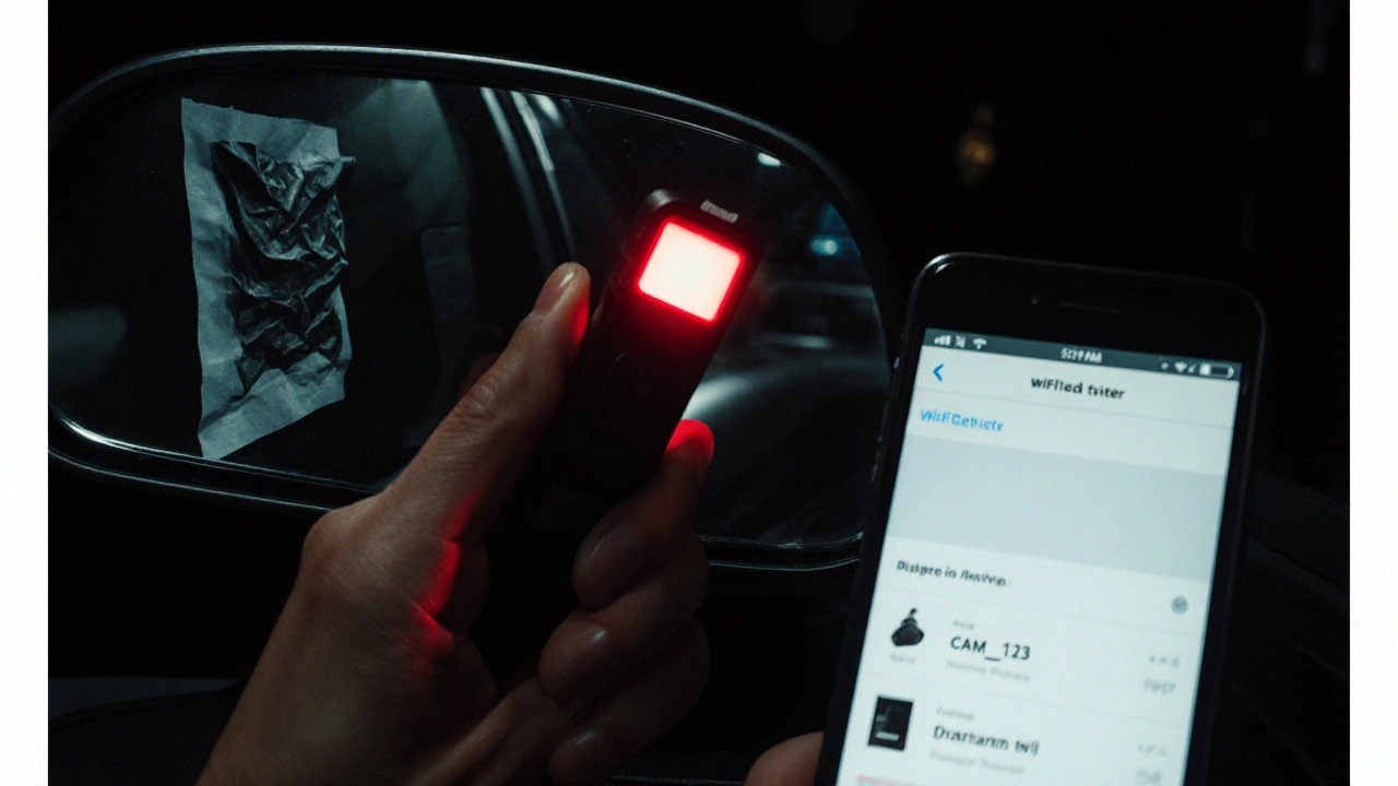 Ruka drží detektor kamer, který ukazuje červené světlo na zrcadle, zatímco papír zakrývá jeho povrch.