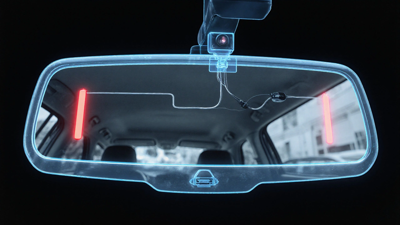 X-ray pohled na zpětné zrcadlo s ukrytou kamerou a vodiči vedoucími do stropu auta.